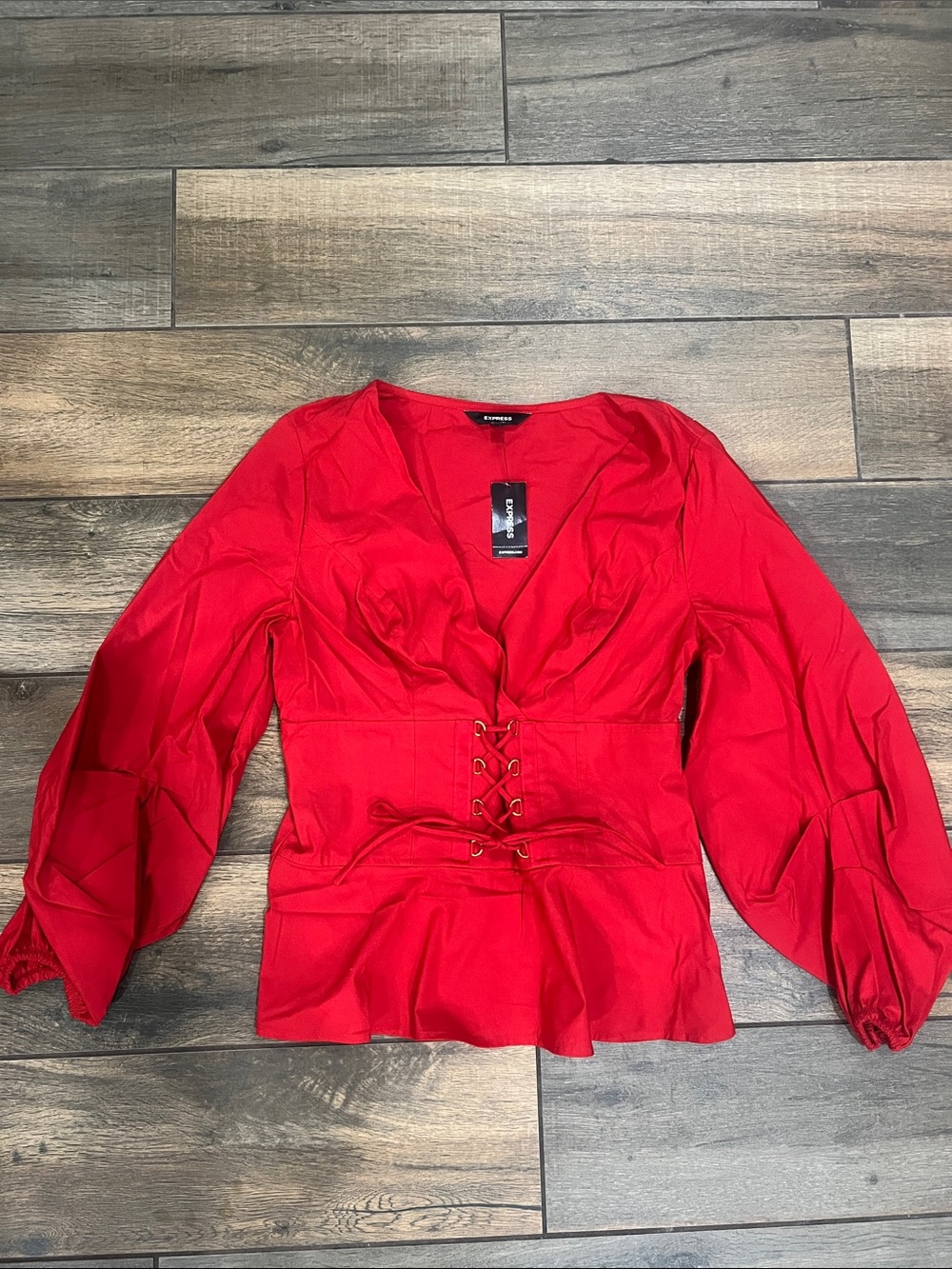 NWT! Express Red Lace-Up Peplum Long-Sleeve Blouse